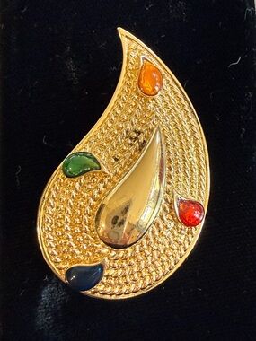 Gold-Tone Teardrop Brooch with Multicolor Cabochons